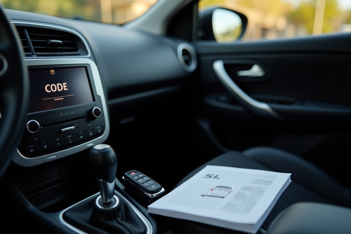 Ecran radio Renault affichant code avec clé et manuel