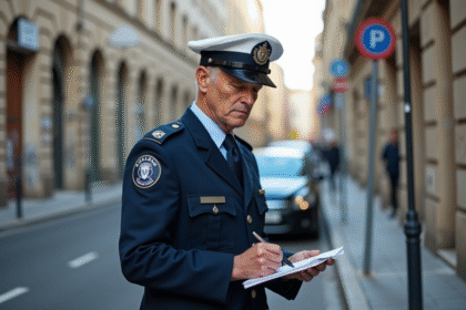 Agent municipal en uniforme écrivant une contravention dans la rue