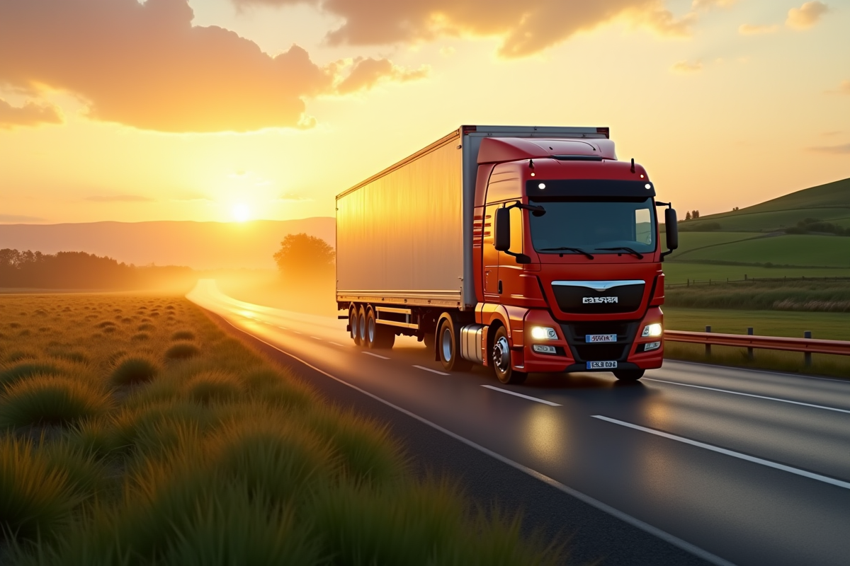 Camion de 33 tonnes roulant sur une route au lever du soleil dans la nature