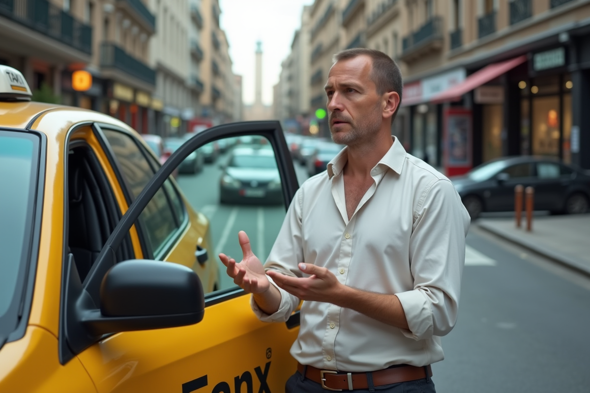 Chauffeur de taxi expliquant les tarifs à un couple