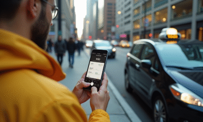 Personne comparant prix sur smartphone avec taxi jaune et Uber noir en ville