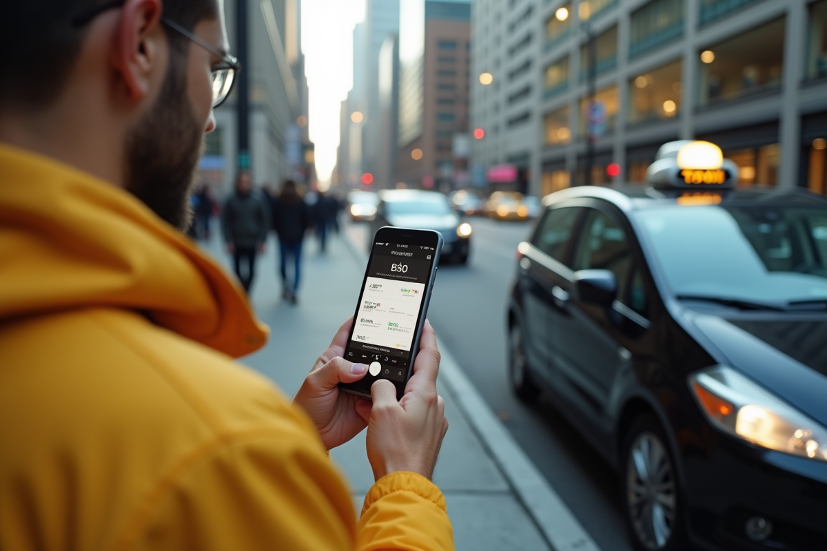 Personne comparant prix sur smartphone avec taxi jaune et Uber noir en ville
