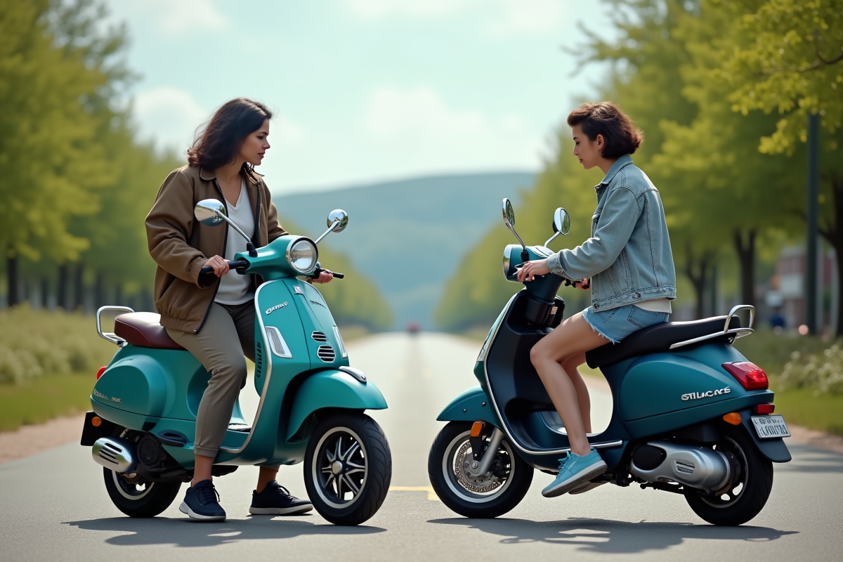 Personne compare deux scooters devant un parc en plein jour