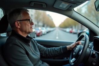 Homme d'âge moyen dans une voiture compacte avec plaque Z