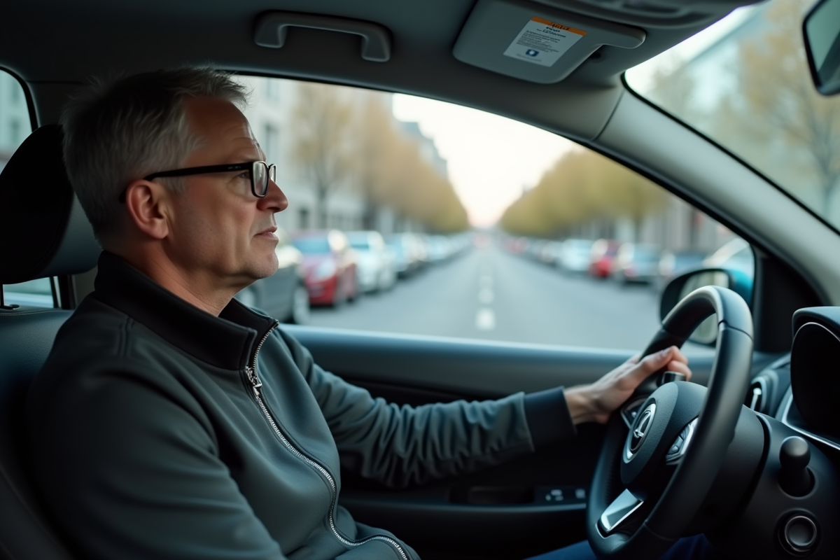 Homme d'âge moyen dans une voiture compacte avec plaque Z