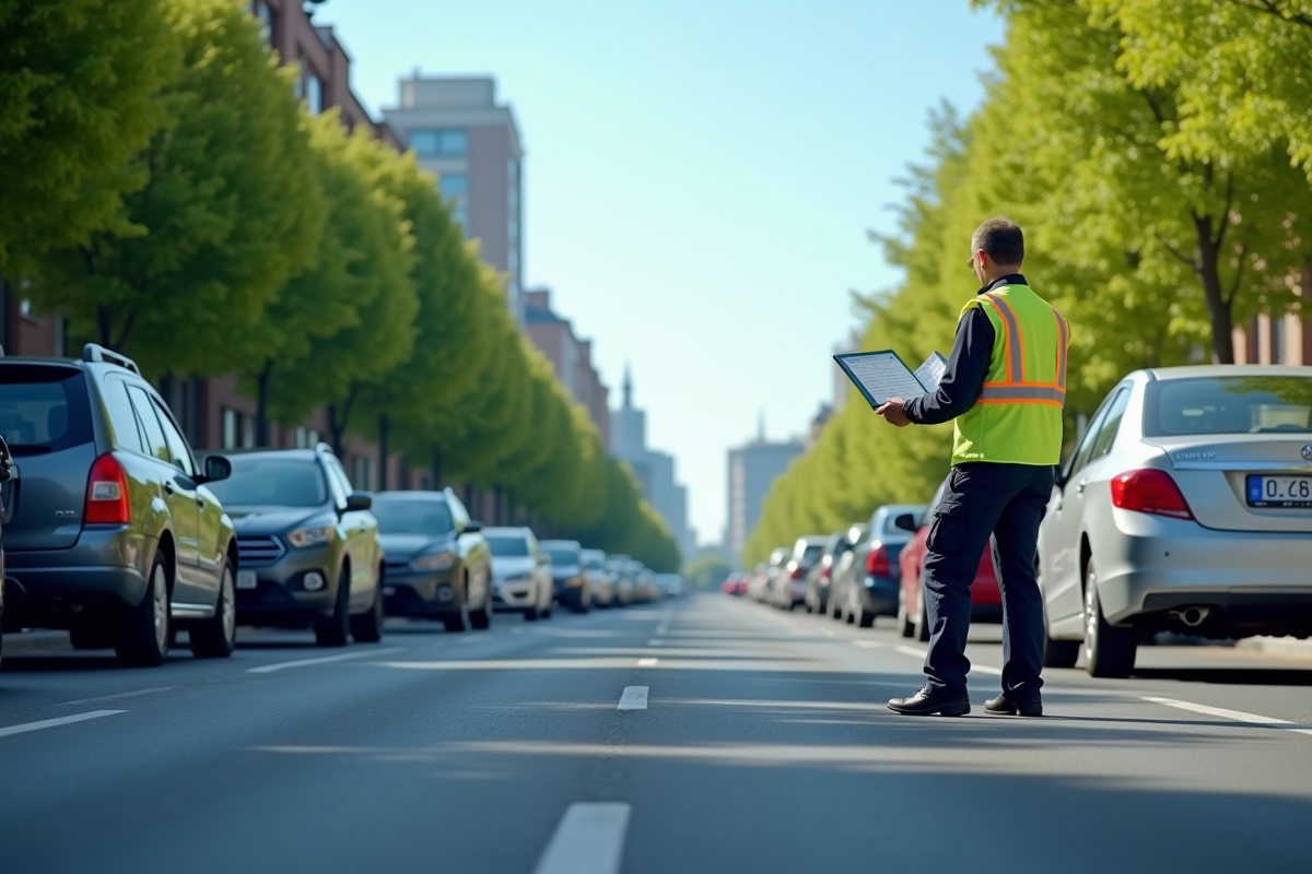 Technicien surveillant test emission sur voiture en ville en plein jour