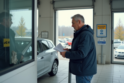 Homme devant un centre de contrôle technique avec documents