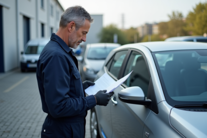 Mecanicien examine un véhicule lors d'une inspection en plein air