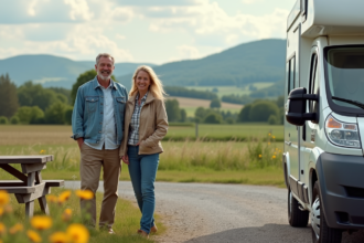Couple souriant devant leur van en pleine nature
