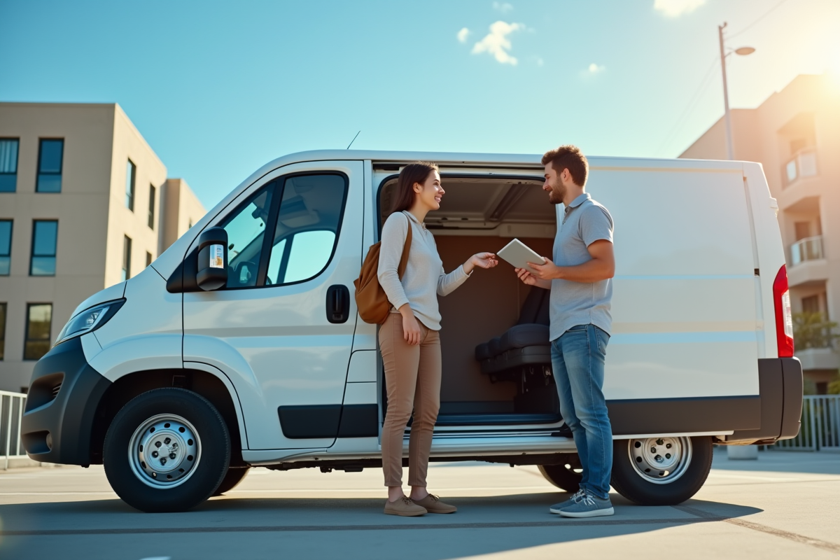 Jeune couple inspectant une van utilitaire blanche en ville
