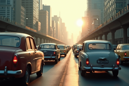 Bouchon de circulation en ville avec voitures diesel anciennes et fumée noire