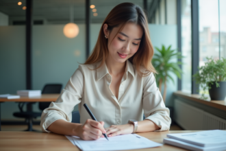 Jeune femme remplissant un formulaire d'assurance au bureau