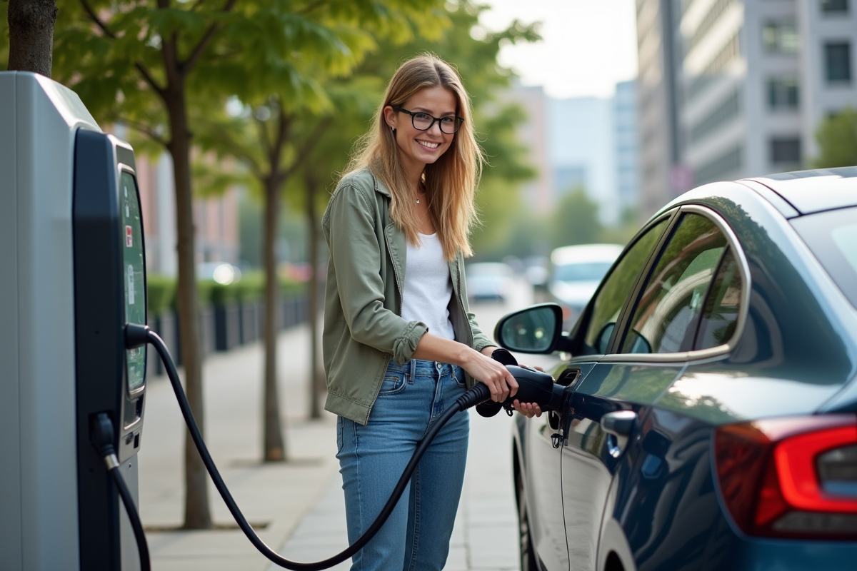 Jeune femme chargeant une voiture hybride en ville