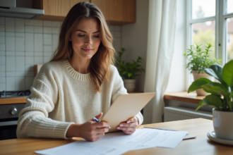 Femme d age moyen tenant un dossier d assurance dans une cuisine moderne