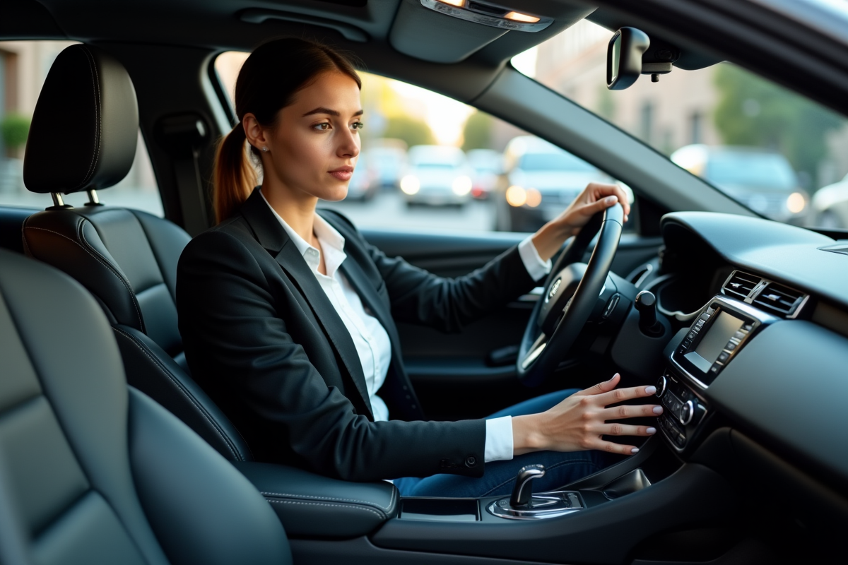 Jeune femme dans la voiture urbaine vérifiant le tableau de bord