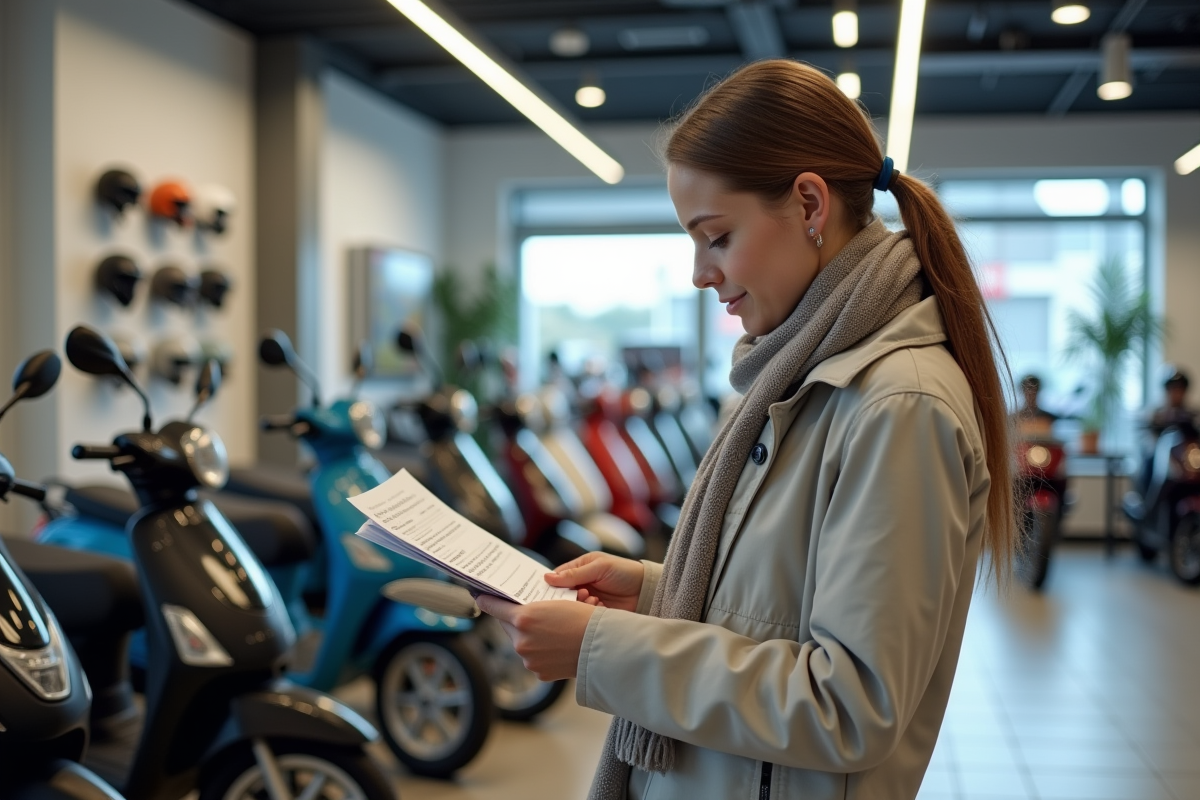 Femme examinant un scooter en showroom