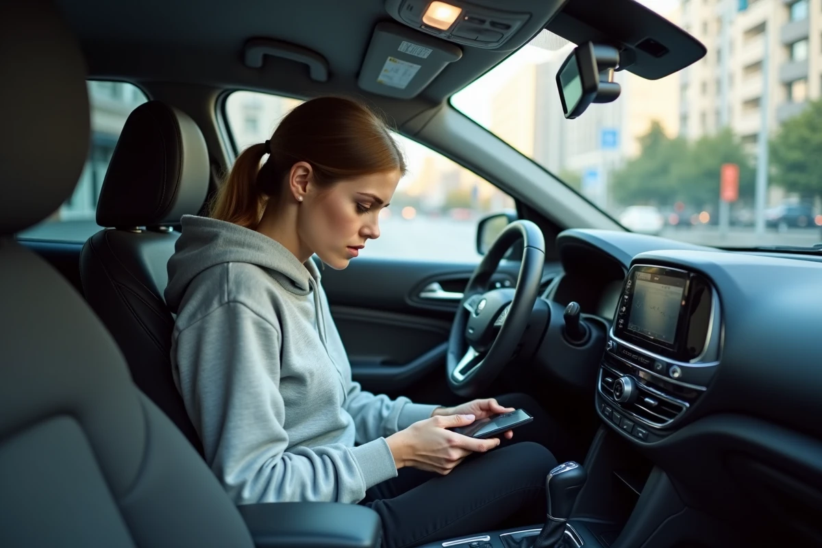Femme inspectant un appareil électronique dans sa voiture