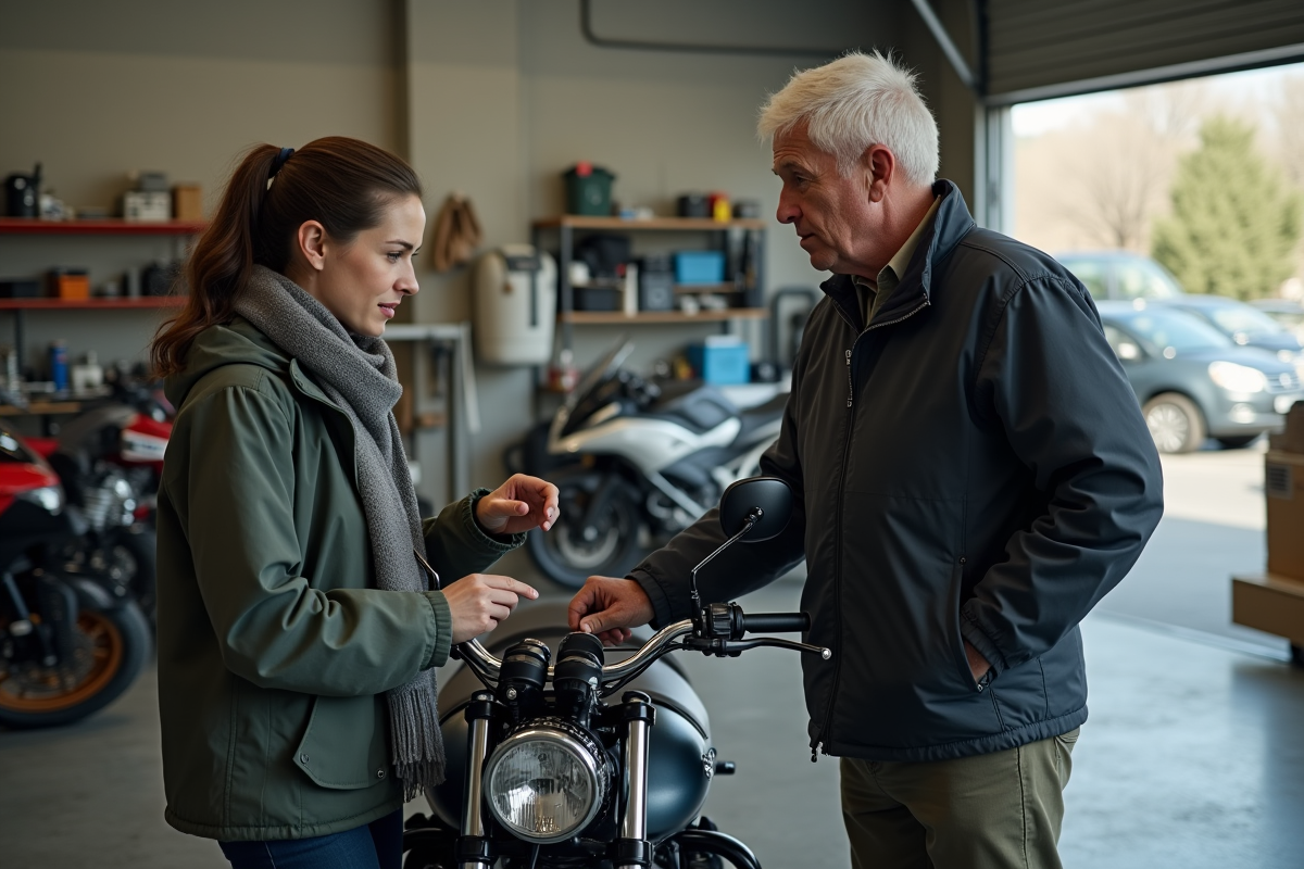 Femme expliquant la mecanique d un sidecar à un homme dans un garage