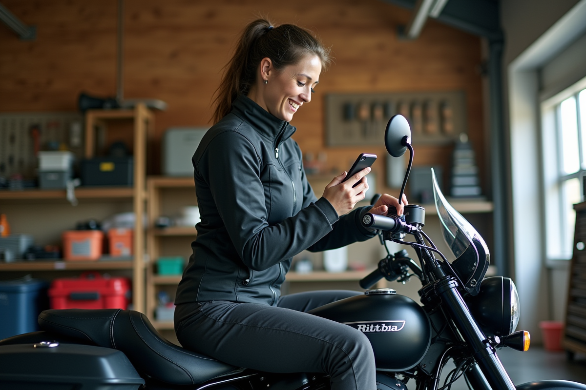Femme vérifiant son GPS sur smartphone dans un garage