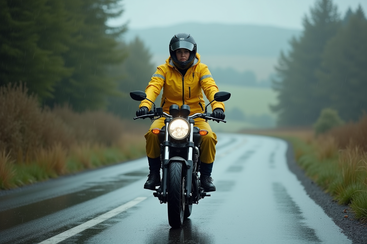 Femme en moto en campagne sous la pluie avec paysage flou
