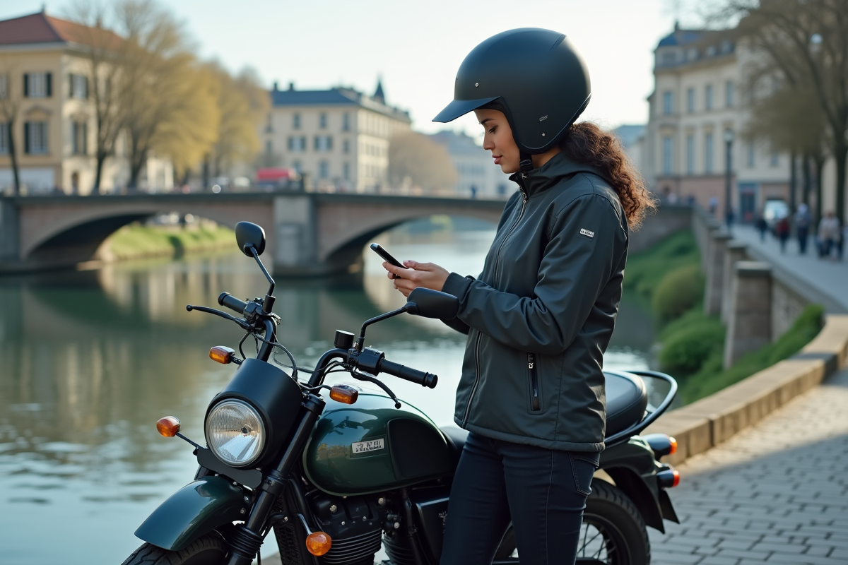 Femme en moto urbaine vérifiant ses stats sur smartphone