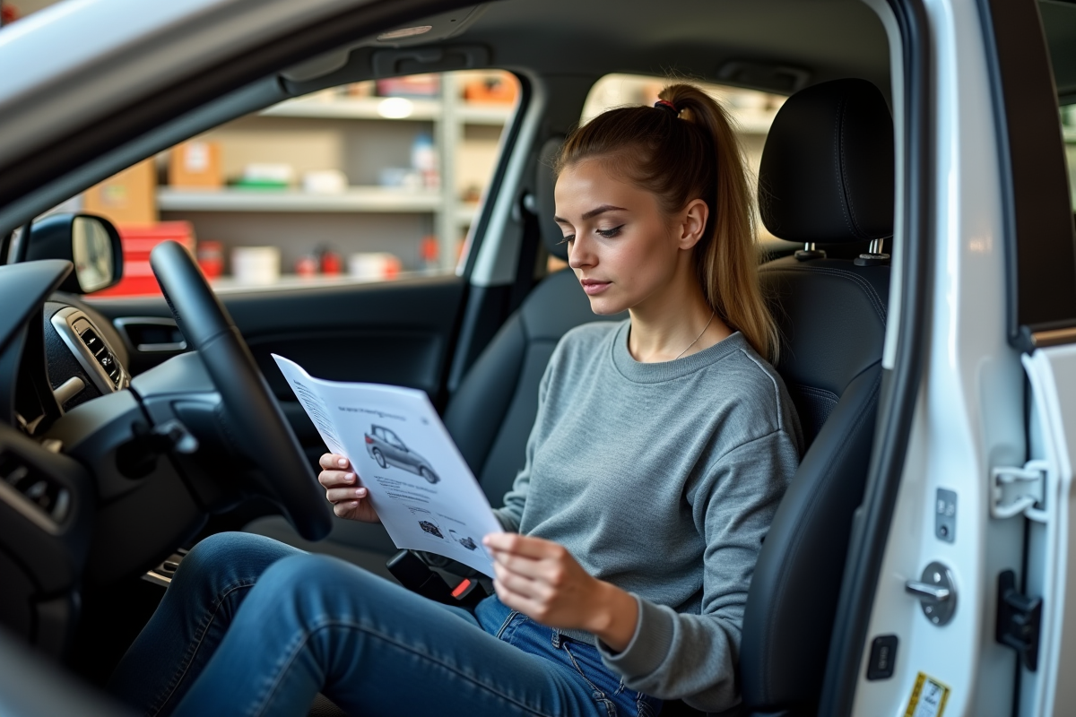 Jeune femme lisant un manuel de réparation dans la voiture