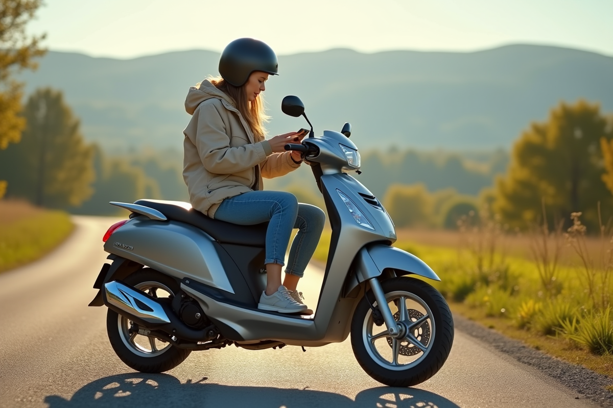 Femme en scooter dans la campagne ensoleillee