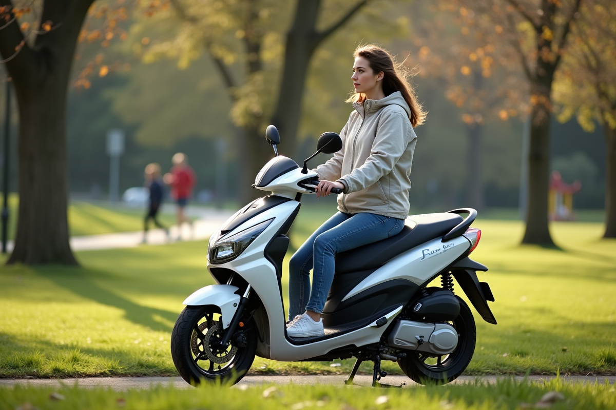 Femme assise sur un scooter dans un parc ensoleille