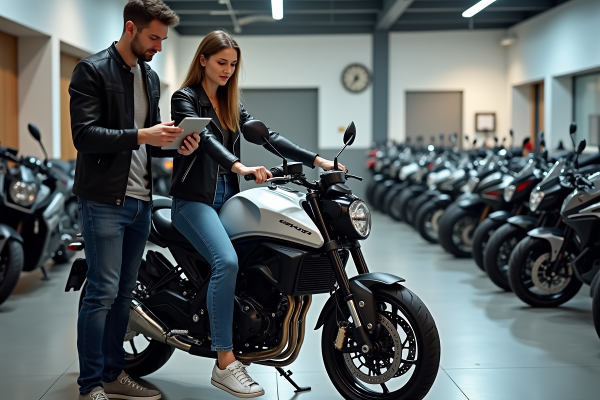 Jeune femme en moto dans un showroom moderne