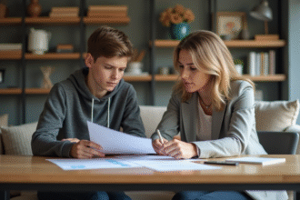 Femme d'âge moyen discutant assurance avec son fils à la maison
