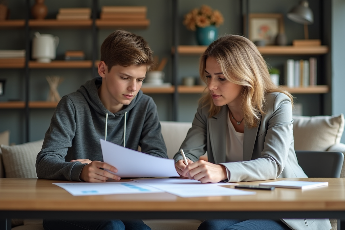 Femme d'âge moyen discutant assurance avec son fils à la maison