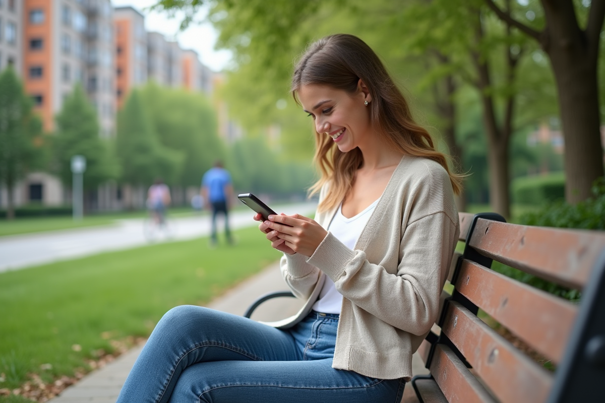 Jeune femme souriante utilise son smartphone sur un banc de parc