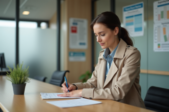 Femme en trench et jeans remplissant des papiers en bureau
