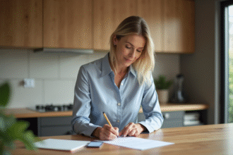 Femme d'âge moyen travaillant à la maison dans une cuisine moderne