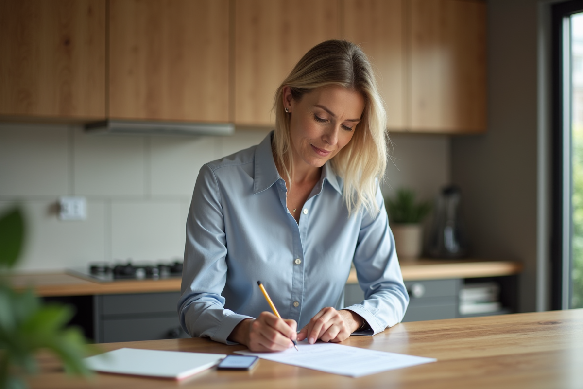 Femme d'âge moyen travaillant à la maison dans une cuisine moderne