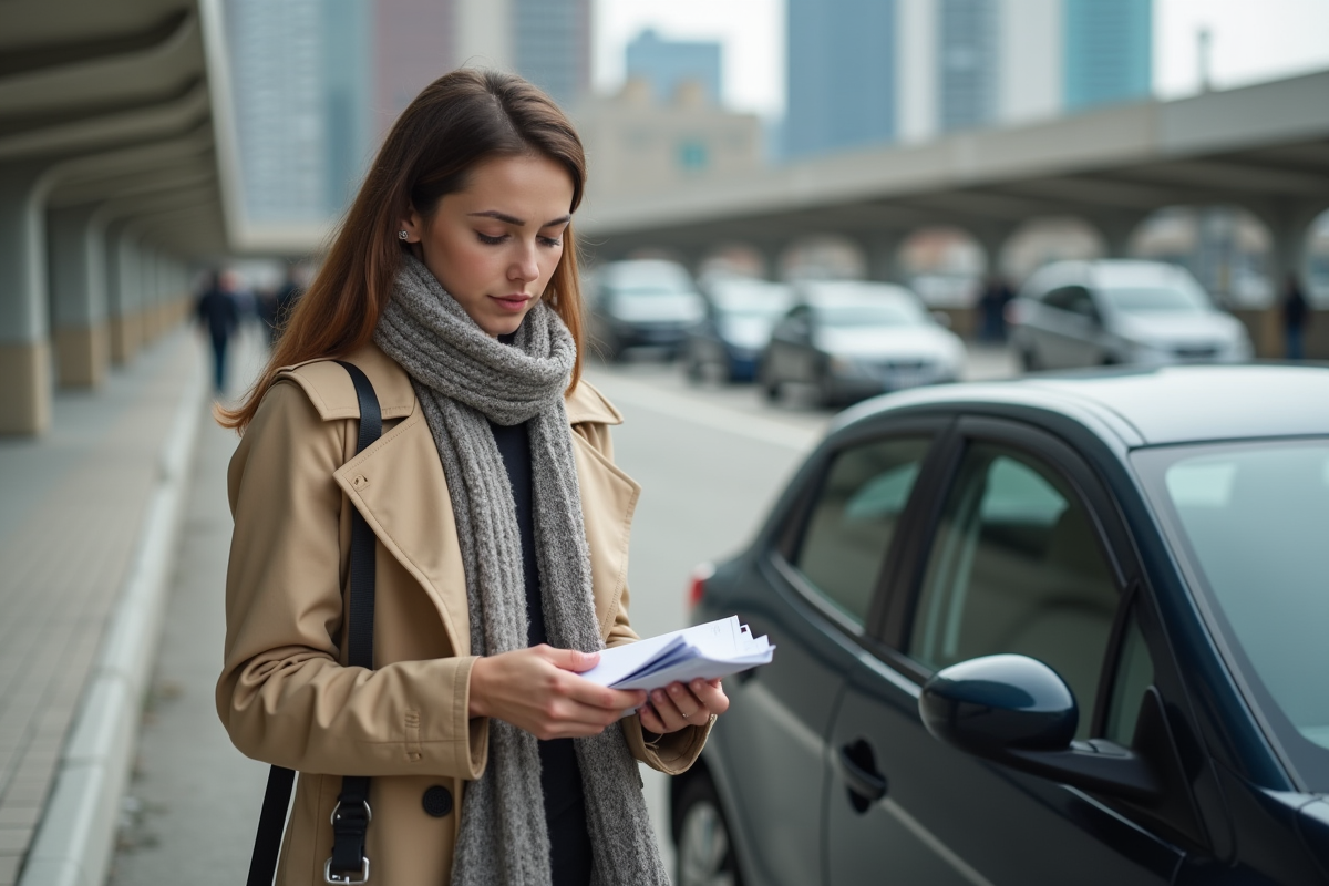 Jeune femme vérifie son sac à côté de sa voiture en ville