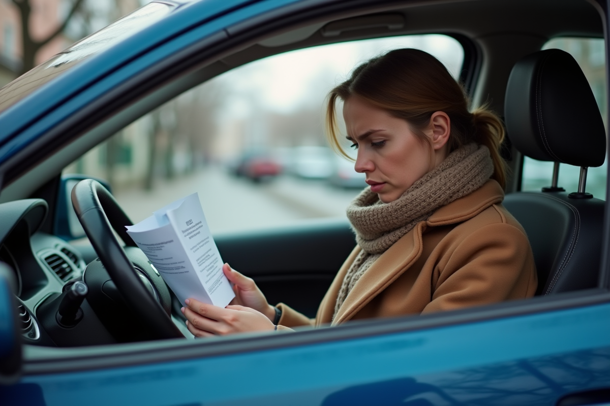 Femme dans sa voiture regardant un document de contrôle technique