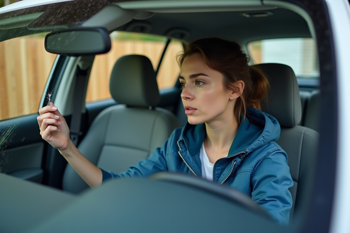 Femme regardant un pare-brise fissure dans sa voiture