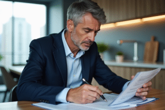 Homme d'affaires en costume bleu examine des documents d'assurance
