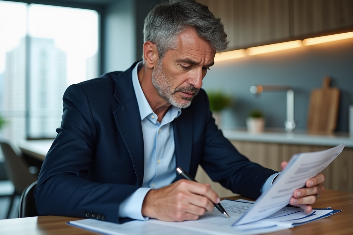Homme d'affaires en costume bleu examine des documents d'assurance