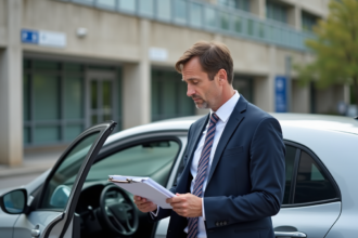 Homme d'affaires avec documents devant voiture luxembourgeoise