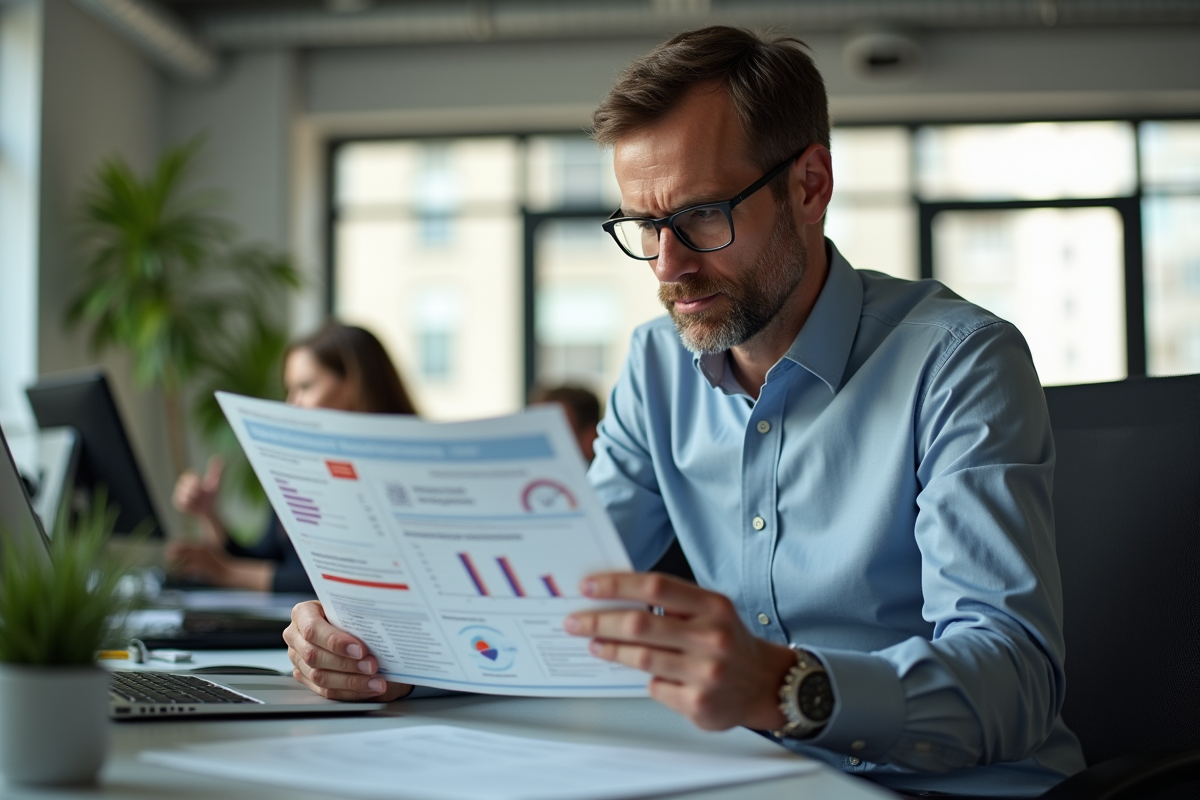 Homme d age moyen examinant une infographie dans un bureau lumineux