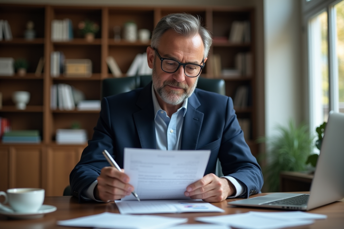 Homme d'âge moyen lisant un document d'assurance voiture dans un bureau