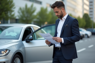 Homme en costume avec assurance devant sa voiture en ville