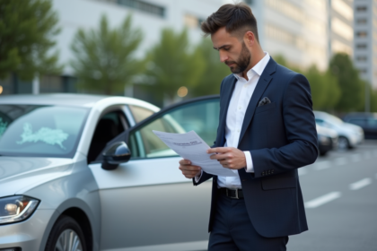 Homme en costume avec assurance devant sa voiture en ville