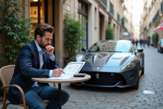 Homme concentré à un café avec voiture sportive en arrière-plan
