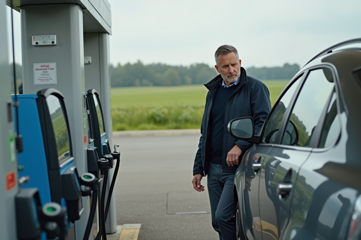 Homme d'âge moyen près d'une voiture diesel en campagne