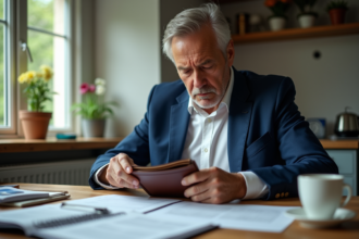 Homme d'âge moyen cherche papiers dans son portefeuille