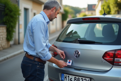Homme appliquant une vignette sur une plaque d'immatriculation