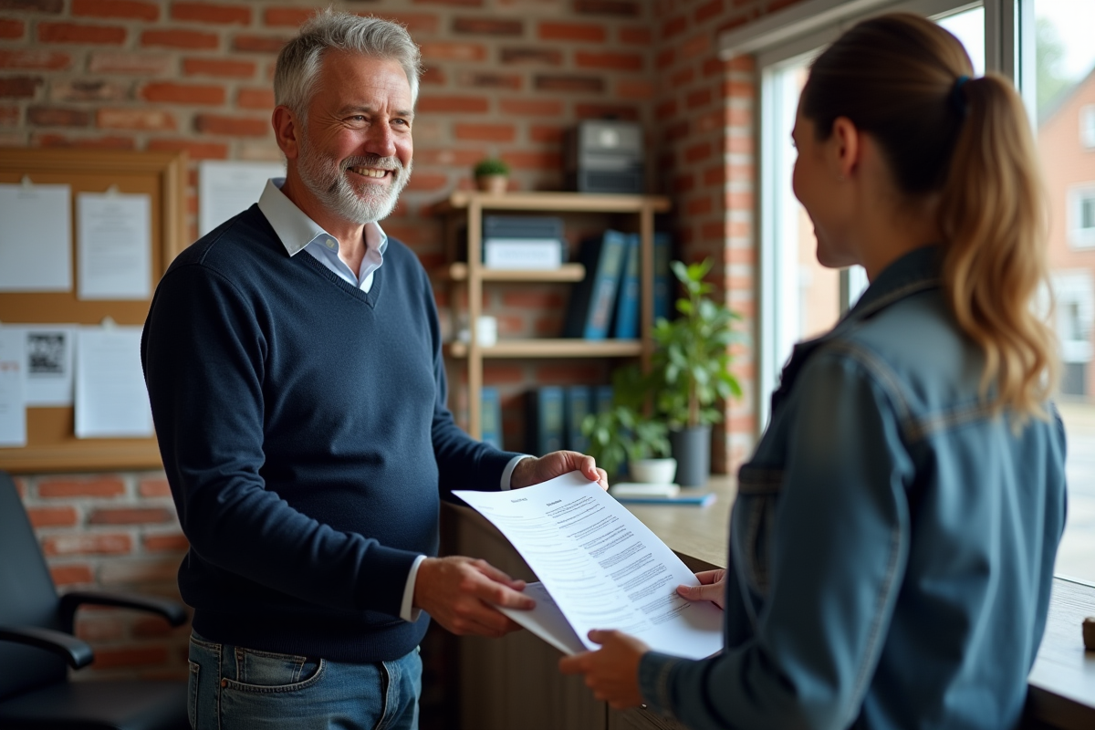 Homme remettant un document à une réceptionniste dans une agence